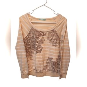 Maurices Blouse Womans Small Tan Striped Long Sleeve Casual Classic Rhinestone